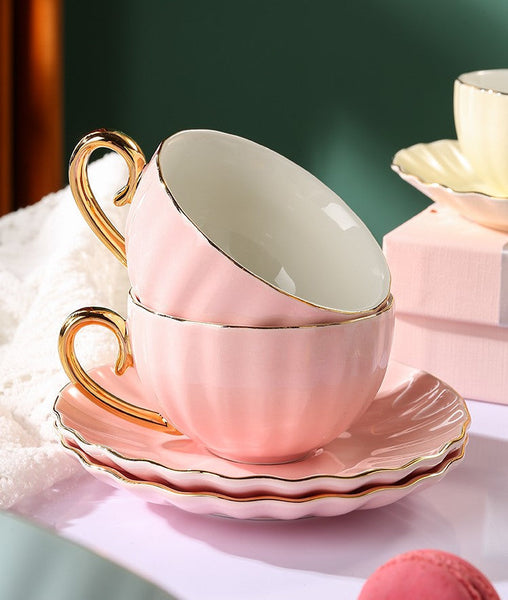 French Style Tea Cup and Saucer in Gift Box as Birthday Gift, Elegant Macaroon Ceramic Coffee Cups, Porcelain Tea Cup Saucer Set of 2 Cups, Beautiful British Tea Cups-Silvia Home Craft