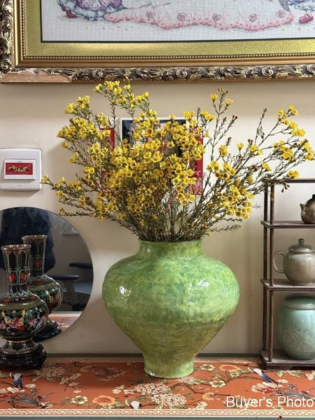 Centerpiece on Dining Table, Modern Pottery Flower Vases, Handmade Water Holding Flower Vases, Pottery Bud Vases, Large Green Flower Vases on Table-Silvia Home Craft
