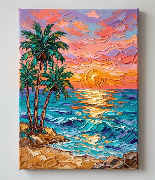 Small Art on Canvas, Seashore Palm Tree Sunset Painting, Hand Painted Canvas Art, Original Acrylic Paintings, Impasto Artwork, Heavy Texture Painting, Original Lanscape Art-Silvia Home Craft