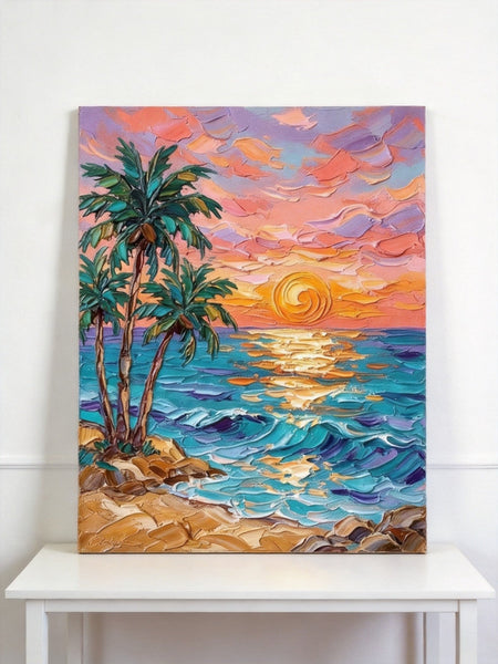 Small Art on Canvas, Seashore Palm Tree Sunset Painting, Hand Painted Canvas Art, Original Acrylic Paintings, Impasto Artwork, Heavy Texture Painting, Original Lanscape Art-Silvia Home Craft