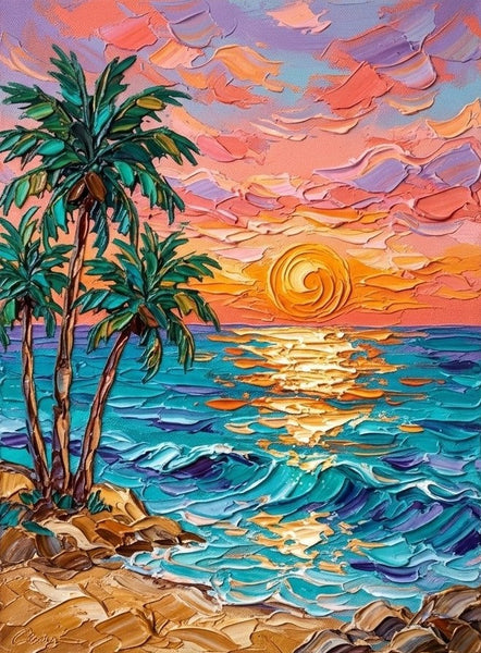 Small Art on Canvas, Seashore Palm Tree Sunset Painting, Hand Painted Canvas Art, Original Acrylic Paintings, Impasto Artwork, Heavy Texture Painting, Original Lanscape Art-Silvia Home Craft