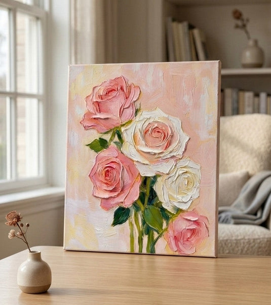 Original Still Life Paintings, Heavy Texture Canvas Art, Pink Rose Flower Painting, Original Flower Paintings, Small Canvas Artwork-Silvia Home Craft
