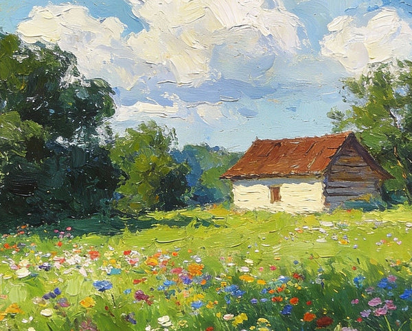 Cottage on the Green, Under an Open Sky, Hand Painted Canvas Art, On Canvas Small Paintings, Small Landscape Paintings, Original Oil Paintings, Small Paintings As Birthday Gift-Silvia Home Craft