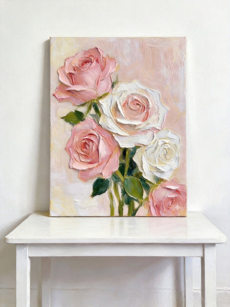 Original Still Life Paintings, Heavy Texture Canvas Art, Pink Rose Flower Painting, Original Flower Paintings, Small Canvas Artwork-Silvia Home Craft