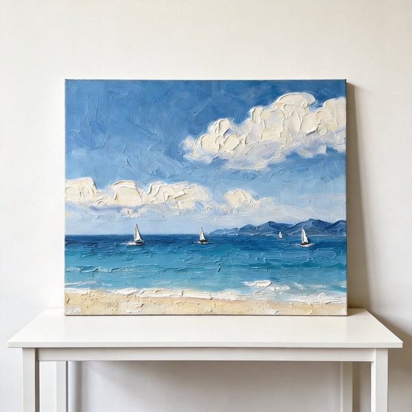 Small Art on Canvas, Sail Boats at Sea Painting, Original Acrylic Paintings, Impasto Artwork, Heavy Texture Painting, Hand Painted Canvas Art-Silvia Home Craft