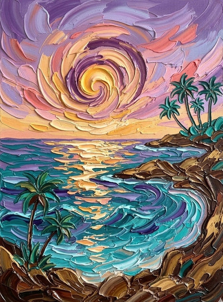 Small Art on Canvas, Seashore Palm Tree Sunrise Painting, Hand Painted Canvas Art, Original Acrylic Paintings, Impasto Artwork, Heavy Texture Painting, Original Lanscape Art-Silvia Home Craft