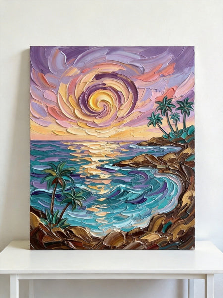 Small Art on Canvas, Seashore Palm Tree Sunrise Painting, Hand Painted Canvas Art, Original Acrylic Paintings, Impasto Artwork, Heavy Texture Painting, Original Lanscape Art-Silvia Home Craft