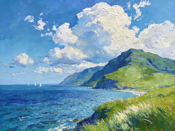 Small Wall Paintings, Coastal Seascape, Green Hills and Blue Waters, Impasto Artwork, On Canvas Small Paintings, Original Wall Art Paintings, Original Artwork Small Paintings, Small Landscape Paintings-Silvia Home Craft