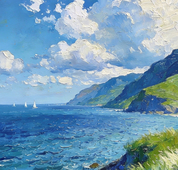 Small Wall Paintings, Coastal Seascape, Green Hills and Blue Waters, Impasto Artwork, On Canvas Small Paintings, Original Wall Art Paintings, Original Artwork Small Paintings, Small Landscape Paintings-Silvia Home Craft