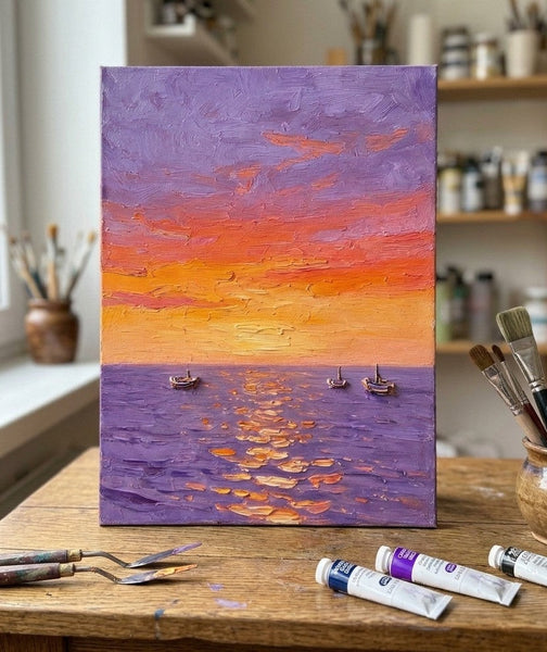 Impasto Artwork, Sail Boats Sunset Painting, Small Art on Canvas, Original Acrylic Paintings, Heavy Texture Painting, Hand Painted Canvas Art-Silvia Home Craft