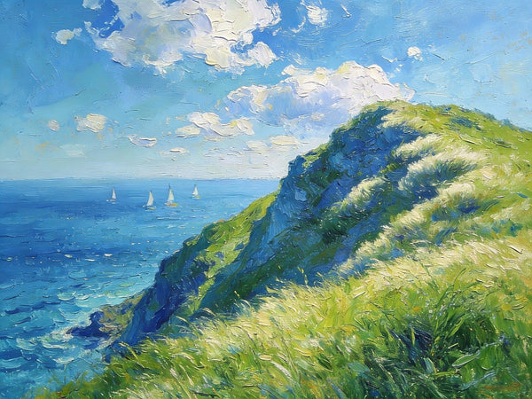 Hillside by the Sea, Swept by the Wind, Small Landscape Paintings, Small Oil Paintings on Canvas, Hand Painted Canvas Art,Heavy Texture Artwork, Original Oil Paintings-Silvia Home Craft