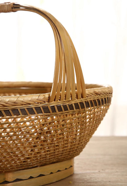 Natural Hand-woven Bamboo Basket, Extra Large Picnic Food Basket with Handle, Lovely Bamboo Baskets for Vegetable, Natural Fruit Basket Kitchen Storage Baskets-Silvia Home Craft
