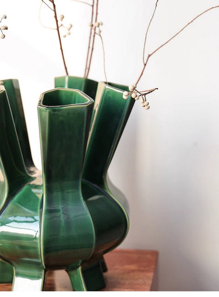 Unique Handmade Modern Flower Vase, Centerpiece Ceramic Bouquet Vases, Contemporary Vases on Dining Table, Green Porcelain Vases for Modern Home Decor-Silvia Home Craft
