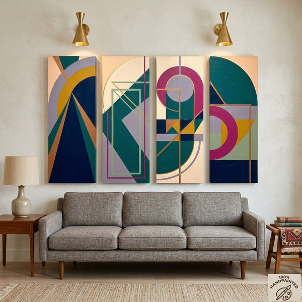 Large Modern Contemporary Paintings, Hand Painted Canvas Art, Multi Panel Wall Art Paintings, Geometric Abstract Artwork-Silvia Home Craft