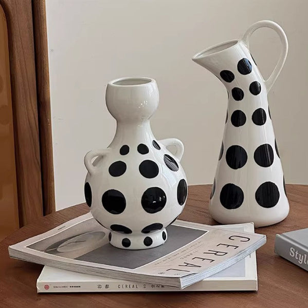 Ceramic Bud Vases, Small Flower Vases on Table, Black and White Polka Dot Flower Vase, Modern Porcelain Flower Vases, Handmade Water Holding Flower Vases-Silvia Home Craft
