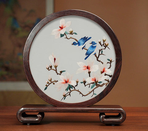 Traditional Chinese Suzhou Silk Embroidered Ornament, Premium Souvenir, Exclusive Business Presents, Creative Birthday Gift, Flower and Birds Embroidery Ornaments-Silvia Home Craft