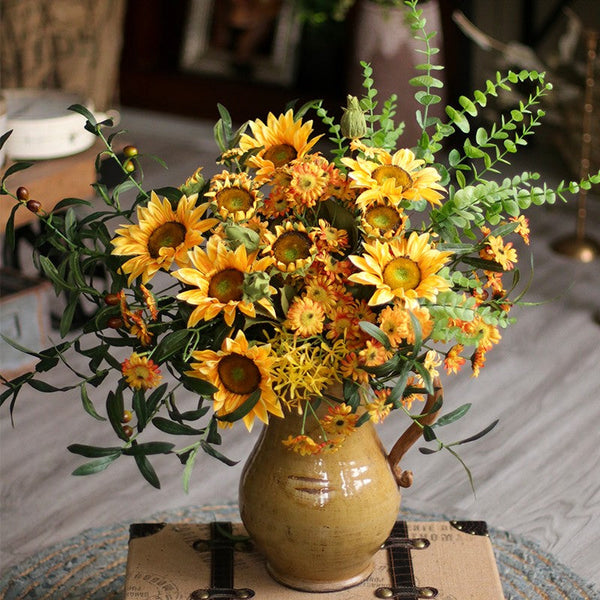 Large Bunch of Yellow Sunflowers, Unique Floral Arrangement for Home Decoration, Table Centerpiece, Real Touch Artificial Flowers for Living Room-Silvia Home Craft