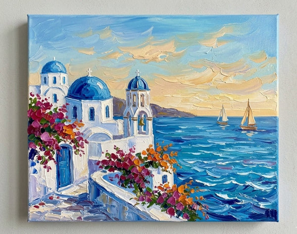 Small Art on Canvas, The Scenery of the Aegean Sea, Hand Painted Canvas Art, Original Acrylic Paintings, Impasto Artwork, Heavy Texture Painting, Original Seascape Art-Silvia Home Craft