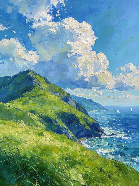 Seashore Paintings, Mountains Meet the Azure Sea, Heavy Texture Oil Paintings, On Canvas Small Paintings, Hand Painted Canvas Art, Original Small Paintings-Silvia Home Craft