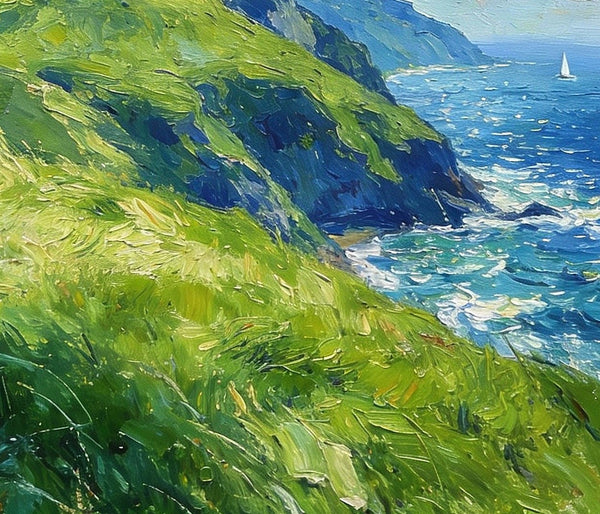 Seashore Paintings, Mountains Meet the Azure Sea, Heavy Texture Oil Paintings, On Canvas Small Paintings, Hand Painted Canvas Art, Original Small Paintings-Silvia Home Craft