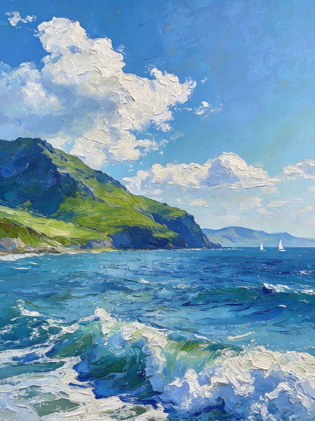 Coastal View, Mountains, Sea, and Clouds, Landscape Small Paintings, Original Artwork Small Paintings, Hand Painted Wall Art, Heavy Texture Oil Paintings, On Canvas Small Paintings-Silvia Home Craft