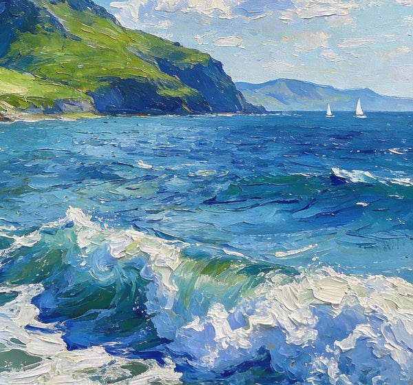 Coastal View, Mountains, Sea, and Clouds, Landscape Small Paintings, Original Artwork Small Paintings, Hand Painted Wall Art, Heavy Texture Oil Paintings, On Canvas Small Paintings-Silvia Home Craft