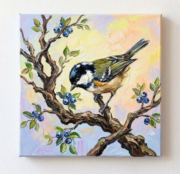 Titmice Bird Painting, Hand Painted Canvas Art, Small Art on Canvas, Original Acrylic Paintings, Impasto Artwork, Heavy Texture Painting, Ready to Hang-Silvia Home Craft