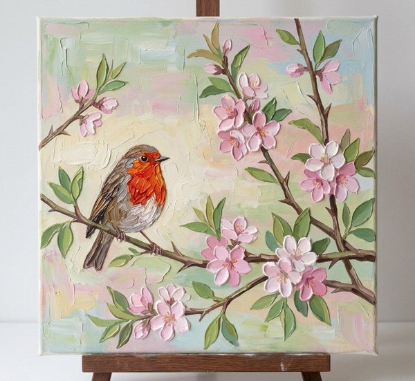 Abstract Robin Bird Painting, Original Acrylic Paintings, Impasto Artwork, Hand Painted Canvas Art, Small Art on Canvas, Heavy Texture Painting, Ready to Hang-Silvia Home Craft