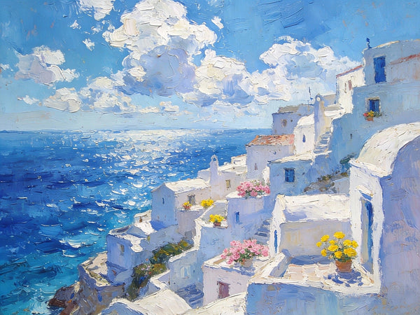 Summer's Day on the Aegean Blue Sea, Palette Knife Artwork, Small Landscape Paintings, Original Oil Paintings, Small Oil Paintings on Canvas, Hand Painted Canvas Art-Silvia Home Craft