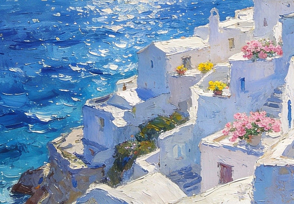 Summer's Day on the Aegean Blue Sea, Palette Knife Artwork, Small Landscape Paintings, Original Oil Paintings, Small Oil Paintings on Canvas, Hand Painted Canvas Art-Silvia Home Craft