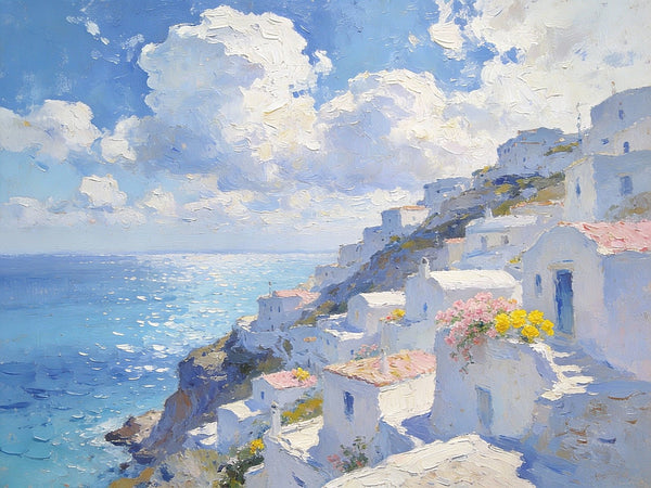 Santorini - White Villages by the Sea, Simple Painting Ideas, Small Wall Paintings, Landscape Canvas Paintings, On Canvas Small Paintings, Hand Painted Wall Art-Silvia Home Craft