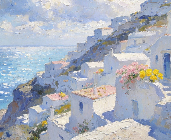 Santorini - White Villages by the Sea, Simple Painting Ideas, Small Wall Paintings, Landscape Canvas Paintings, On Canvas Small Paintings, Hand Painted Wall Art-Silvia Home Craft