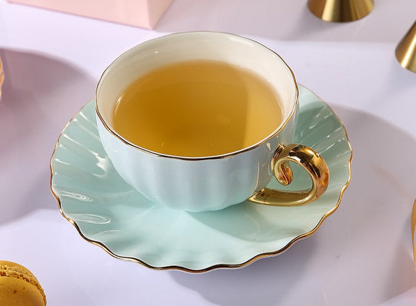 Macaroon Ceramic Coffee Cups, 6.8 oz Tea Cup and Saucer Set of 2 Cups in Gift Box as Birthday Gift, Beautiful Elegant British Tea Cups, Creative Porcelain Tea Cup Set-Silvia Home Craft