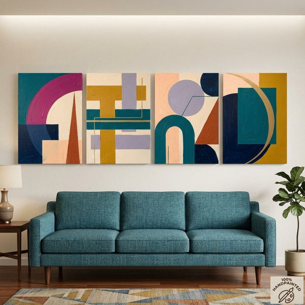 Modern Paintings for Living Room, Geometric Contemporary Art, Original Abstract Art, Multi Panel Canvas Paintings-Silvia Home Craft