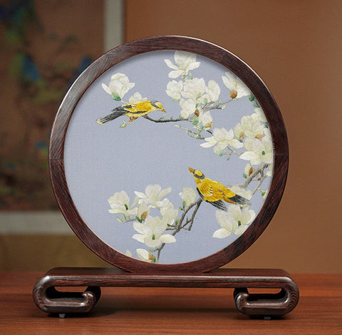 Creative Birthday Gift, Flower and Birds Embroidery Ornaments, Traditional Chinese Suzhou Silk Embroidered Ornament, Premium Souvenir, Exclusive Business Presents-Silvia Home Craft