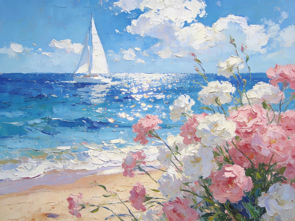 Blooms by the Shore, A Sailboat’s Journey, Simple Painting Ideas, Hand Painted Wall Art, Small Wall Paintings, Landscape Canvas Paintings, On Canvas Small Paintings-Silvia Home Craft
