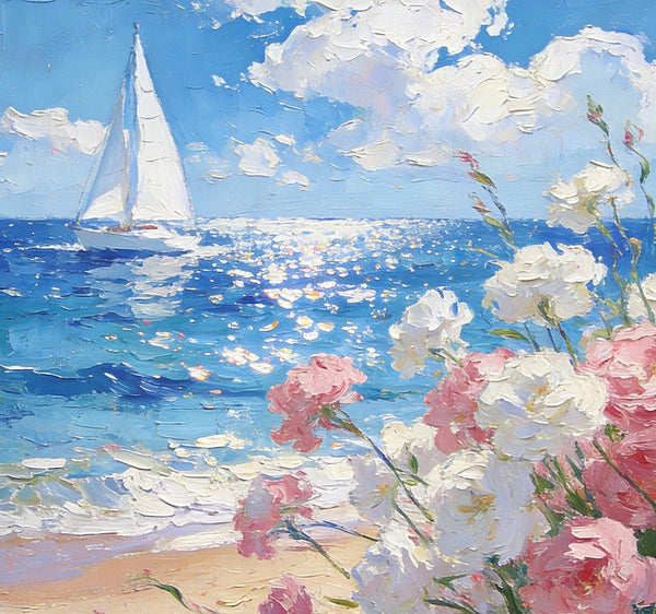 Blooms by the Shore, A Sailboat’s Journey, Simple Painting Ideas, Hand Painted Wall Art, Small Wall Paintings, Landscape Canvas Paintings, On Canvas Small Paintings-Silvia Home Craft