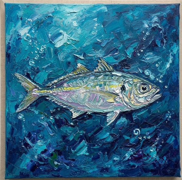 Small Art on Canvas, Blue Scad Fish Painting, Original Acrylic Paintings, Hand Painted Canvas Art, Heavy Texture Painting, Ready to Hang, Impasto Artwork-Silvia Home Craft