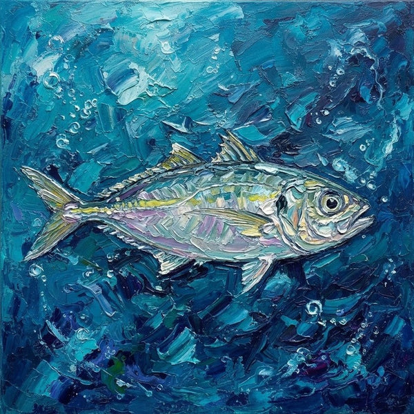 Small Art on Canvas, Blue Scad Fish Painting, Original Acrylic Paintings, Hand Painted Canvas Art, Heavy Texture Painting, Ready to Hang, Impasto Artwork-Silvia Home Craft