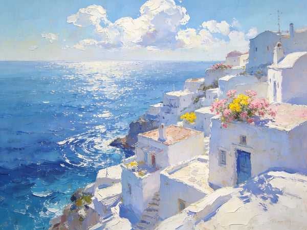 Small Wall Paintings, Santorini Impressions, White Villages by the Azure Sea, Simple Painting Ideas, Hand Painted Wall Art, Landscape Canvas Paintings, On Canvas Small Paintings-Silvia Home Craft