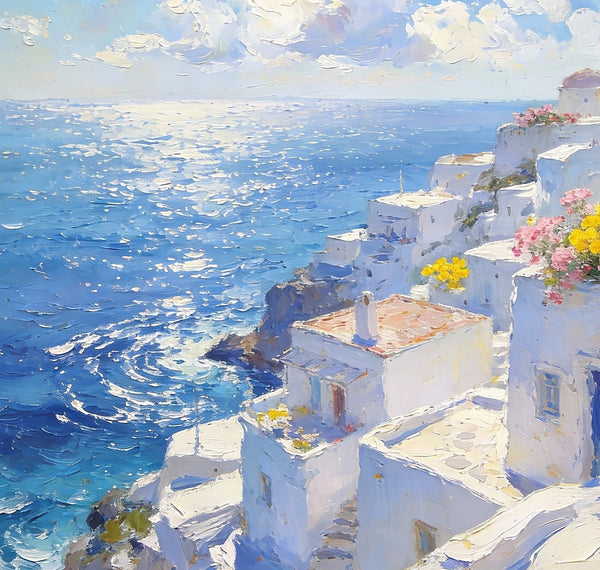Small Wall Paintings, Santorini Impressions, White Villages by the Azure Sea, Simple Painting Ideas, Hand Painted Wall Art, Landscape Canvas Paintings, On Canvas Small Paintings-Silvia Home Craft