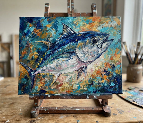 Ready to Hang Artwork, Bigeye Tuna Fish Painting, Original Acrylic Paintings, Small Art on Canvas, Heavy Texture Painting, Impasto Artwork, Hand Painted Canvas Art-Silvia Home Craft