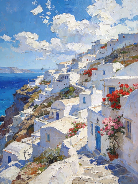 Cliffside Village, A Glimpse of the Aegean, Original Artwork Small Paintings, Hand Painted Canvas Art, On Canvas Small Paintings, Palette Knife Artwork, Landscape Canvas Paintings-Silvia Home Craft