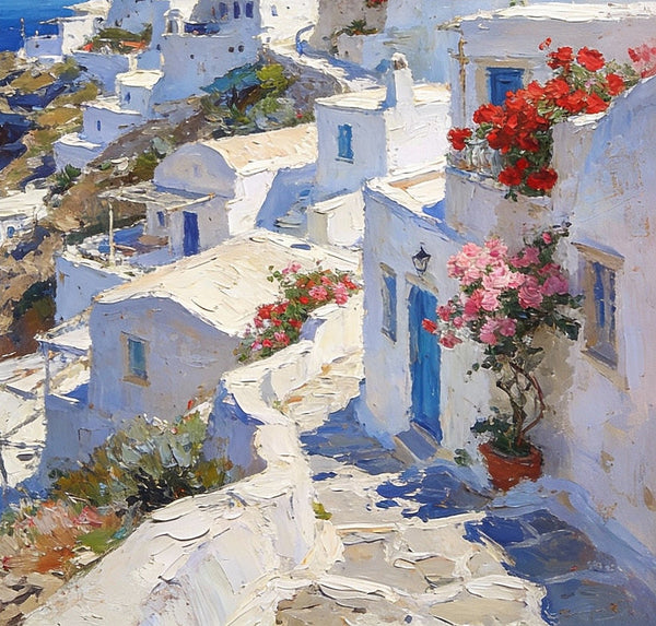 Cliffside Village, A Glimpse of the Aegean, Original Artwork Small Paintings, Hand Painted Canvas Art, On Canvas Small Paintings, Palette Knife Artwork, Landscape Canvas Paintings-Silvia Home Craft