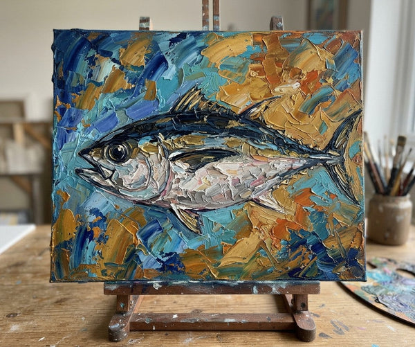 Original Acrylic Paintings, Ready to Hang Artwork, Bigeye Tuna Fish Painting, Small Art on Canvas, Heavy Texture Painting, Impasto Artwork, Hand Painted Canvas Art-Silvia Home Craft