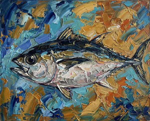 Original Acrylic Paintings, Ready to Hang Artwork, Bigeye Tuna Fish Painting, Small Art on Canvas, Heavy Texture Painting, Impasto Artwork, Hand Painted Canvas Art-Silvia Home Craft