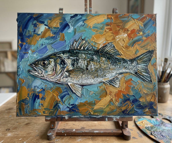 Original Acrylic Paintings, Small Art on Canvas, Sea Bass Fish Painting, Ready to Hang Artwork, Heavy Texture Painting, Impasto Artwork, Hand Painted Canvas Art-Silvia Home Craft