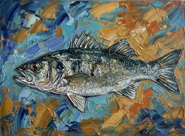 Original Acrylic Paintings, Small Art on Canvas, Sea Bass Fish Painting, Ready to Hang Artwork, Heavy Texture Painting, Impasto Artwork, Hand Painted Canvas Art-Silvia Home Craft