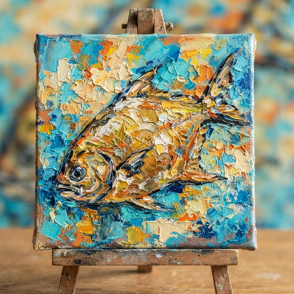 Golden Pomfret Fish Painting, Small Art on Canvas, Ready to Hang Artwork, Original Acrylic Paintings, Heavy Texture Painting, Impasto Artwork, Hand Painted Canvas Art-Silvia Home Craft