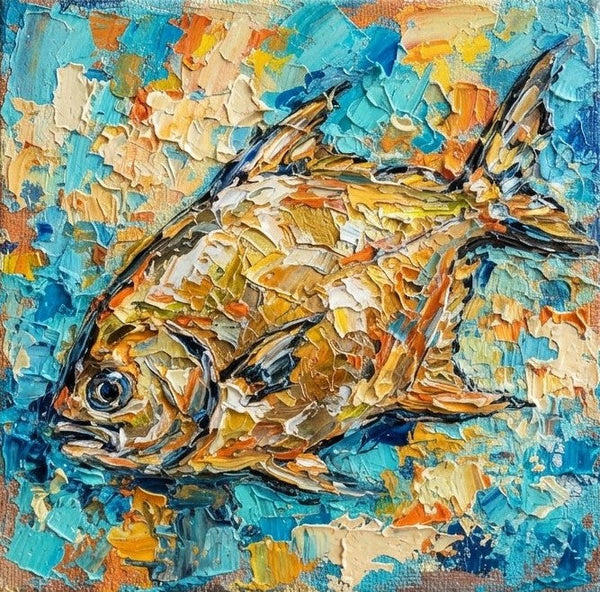 Golden Pomfret Fish Painting, Small Art on Canvas, Ready to Hang Artwork, Original Acrylic Paintings, Heavy Texture Painting, Impasto Artwork, Hand Painted Canvas Art-Silvia Home Craft